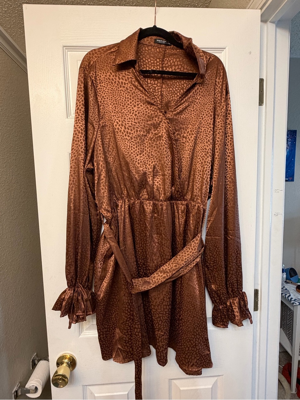 SHEIN Brown Satin Animal-Print Long-Sleeve Tie-Waist Dress